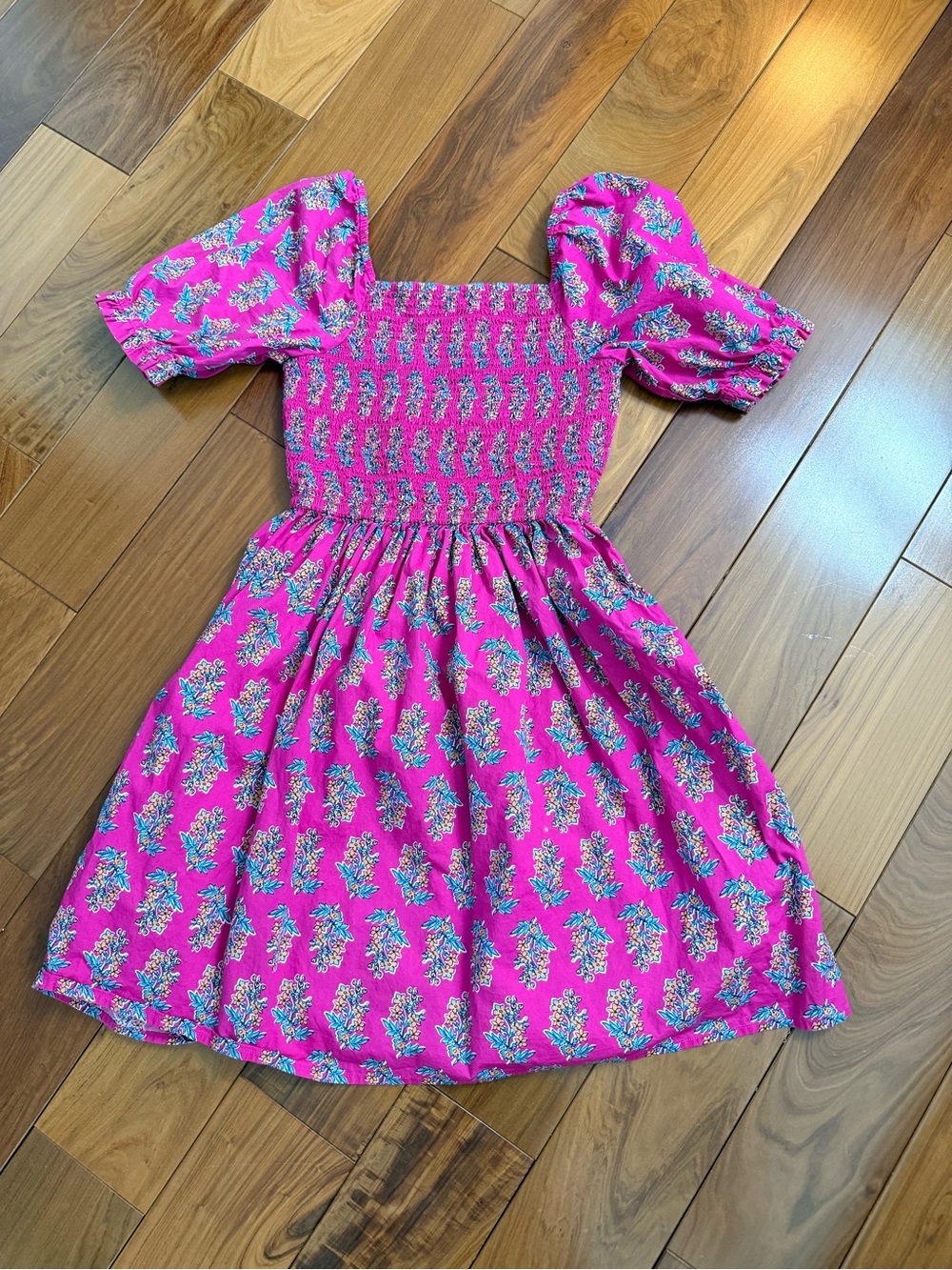 Crewcuts Bright Pink Floral Smocked Puff-Sleeve Dress